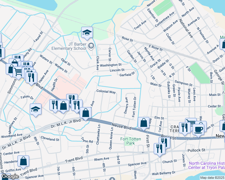 map of restaurants, bars, coffee shops, grocery stores, and more near 1610 Colonial Way in New Bern
