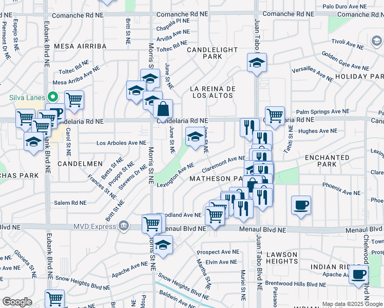 map of restaurants, bars, coffee shops, grocery stores, and more near 10809 Lexington Avenue Northeast in Albuquerque