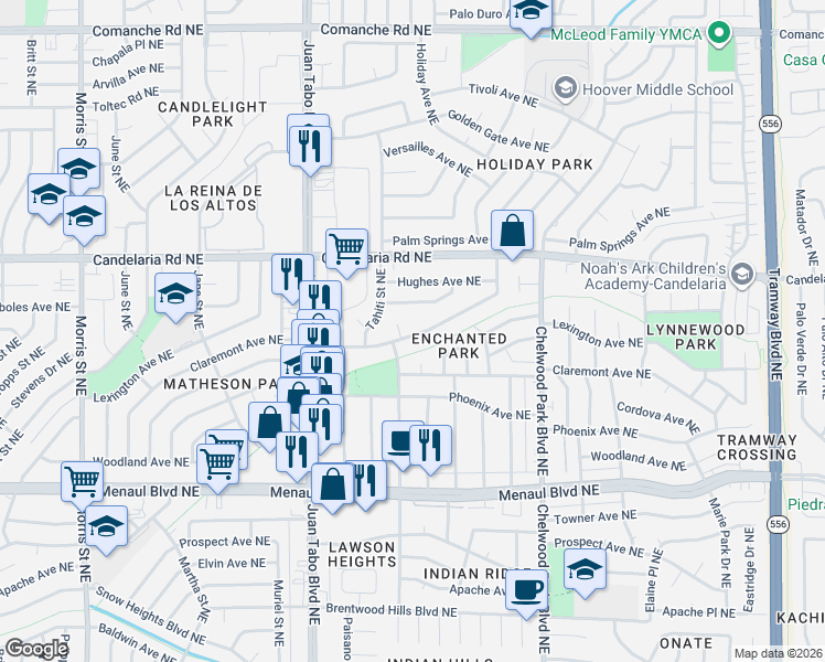 map of restaurants, bars, coffee shops, grocery stores, and more near 11604 Lexington Avenue Northeast in Albuquerque