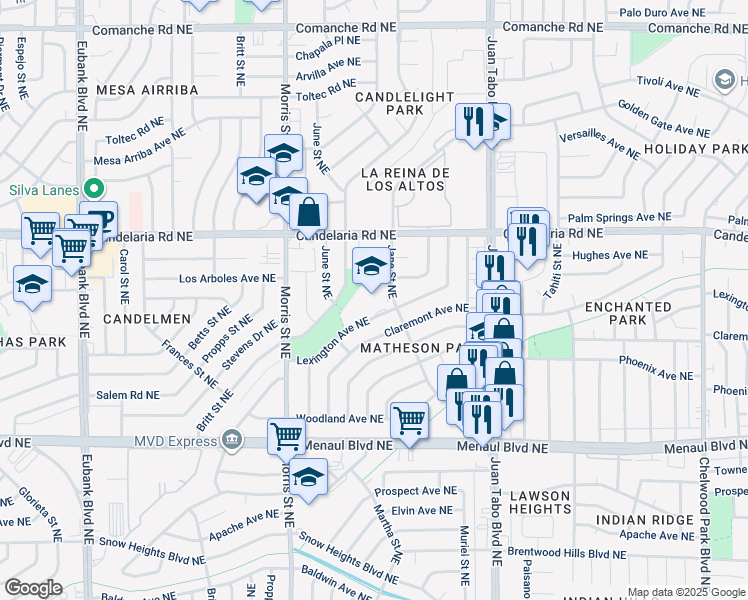 map of restaurants, bars, coffee shops, grocery stores, and more near 10809 Lexington Street NE in Albuquerque