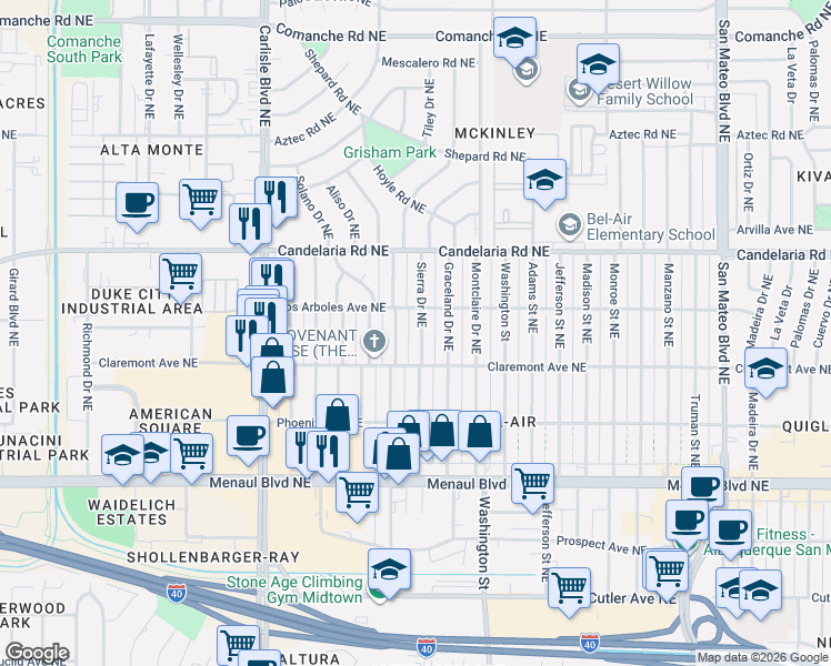 map of restaurants, bars, coffee shops, grocery stores, and more near 2818 Morningside Drive Northeast in Albuquerque