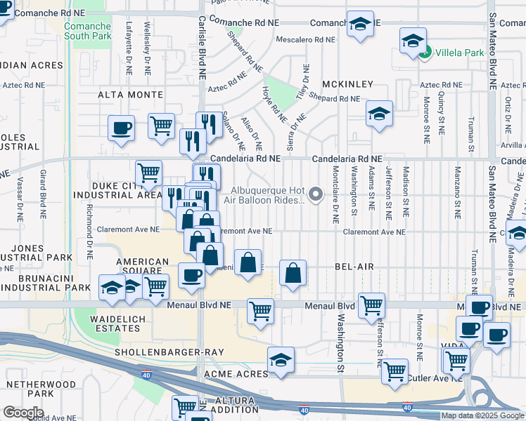 map of restaurants, bars, coffee shops, grocery stores, and more near 2817 Bel Air Drive Northeast in Albuquerque
