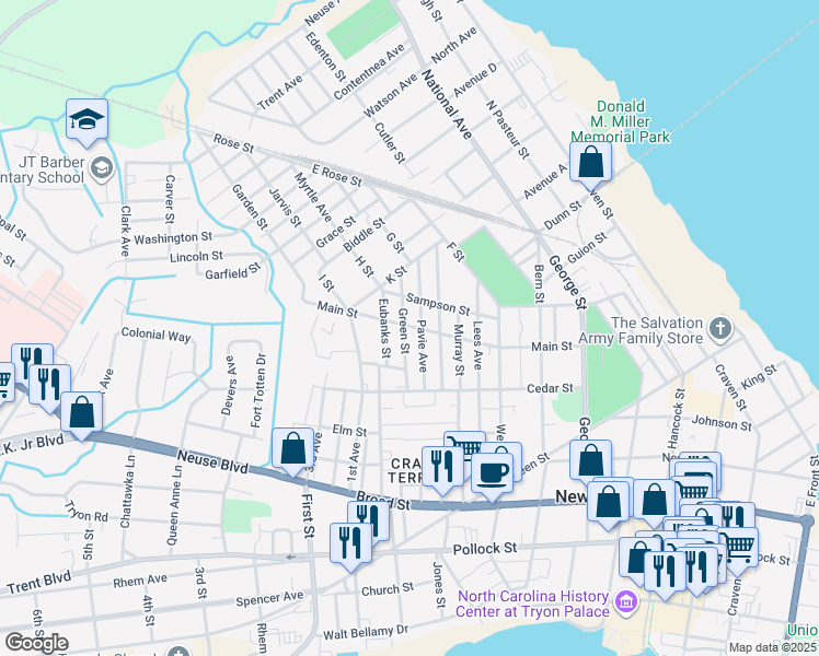 map of restaurants, bars, coffee shops, grocery stores, and more near 824 Eubanks Street in New Bern