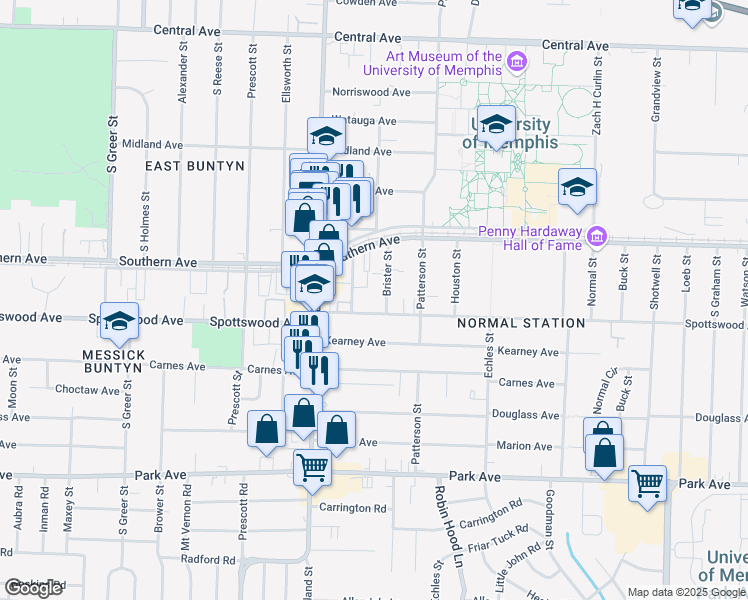 map of restaurants, bars, coffee shops, grocery stores, and more near 3580 Spottswood Avenue in Memphis