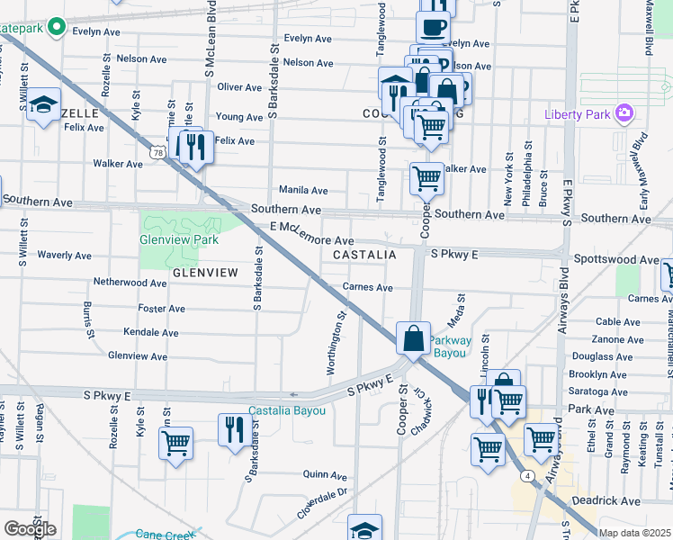 map of restaurants, bars, coffee shops, grocery stores, and more near 2012 Carnes Avenue in Memphis