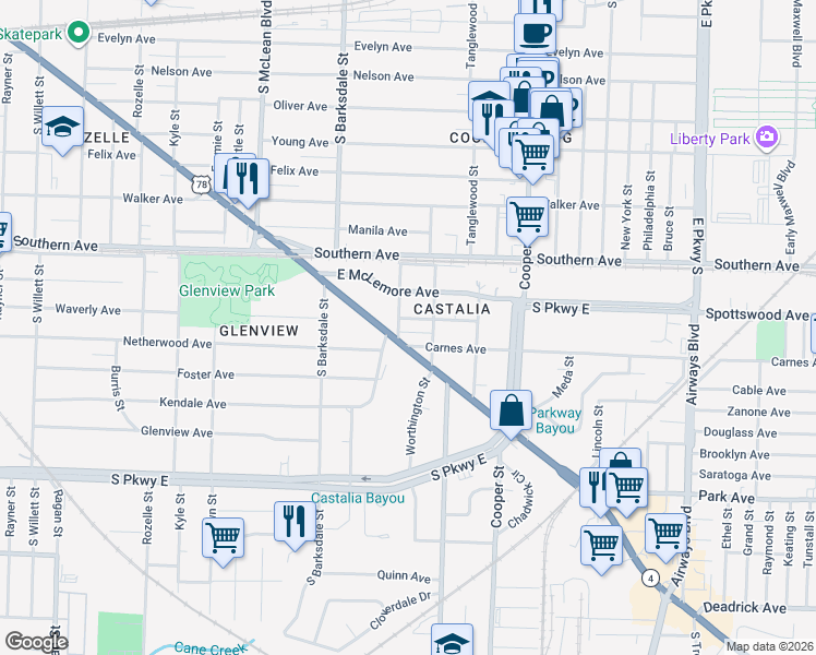 map of restaurants, bars, coffee shops, grocery stores, and more near 2012 Carnes Avenue in Memphis