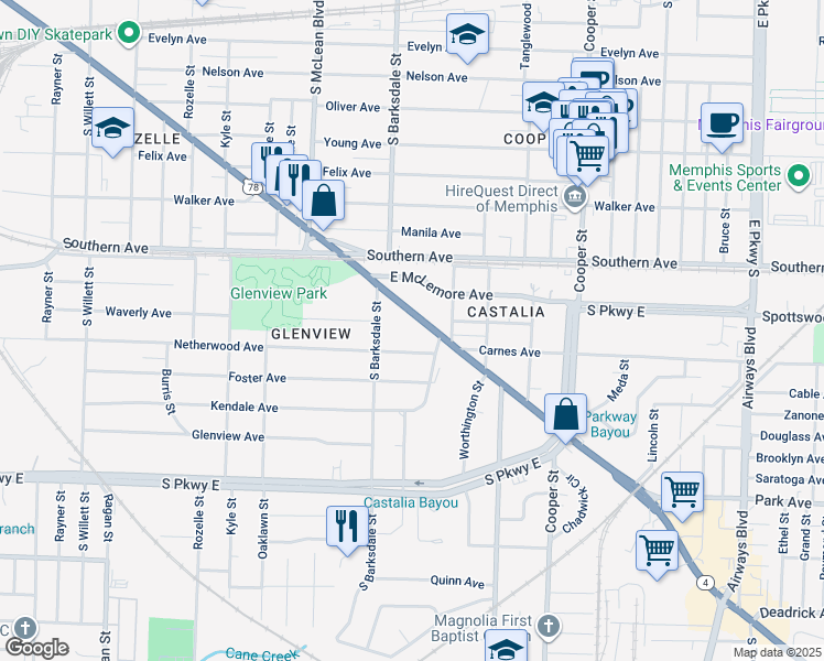 map of restaurants, bars, coffee shops, grocery stores, and more near 1916 Netherwood Avenue in Memphis