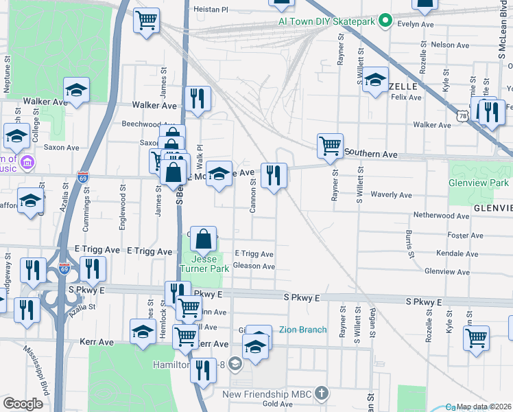 map of restaurants, bars, coffee shops, grocery stores, and more near 1370 Dow Place in Memphis