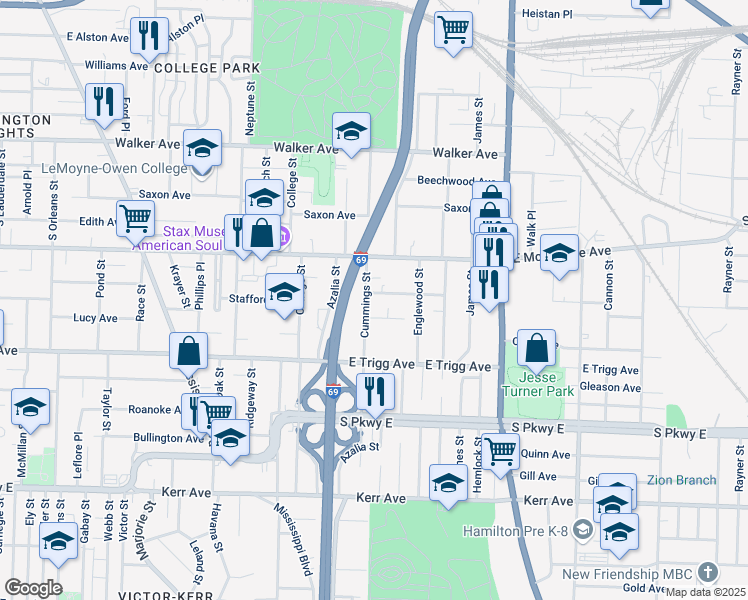 map of restaurants, bars, coffee shops, grocery stores, and more near 1220 Cummings Street in Memphis