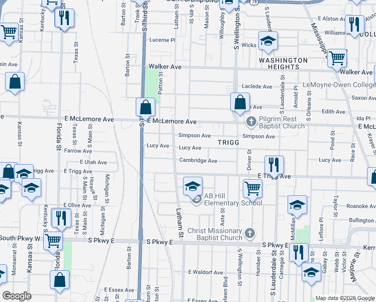 map of restaurants, bars, coffee shops, grocery stores, and more near 340 Cambridge Avenue in Memphis