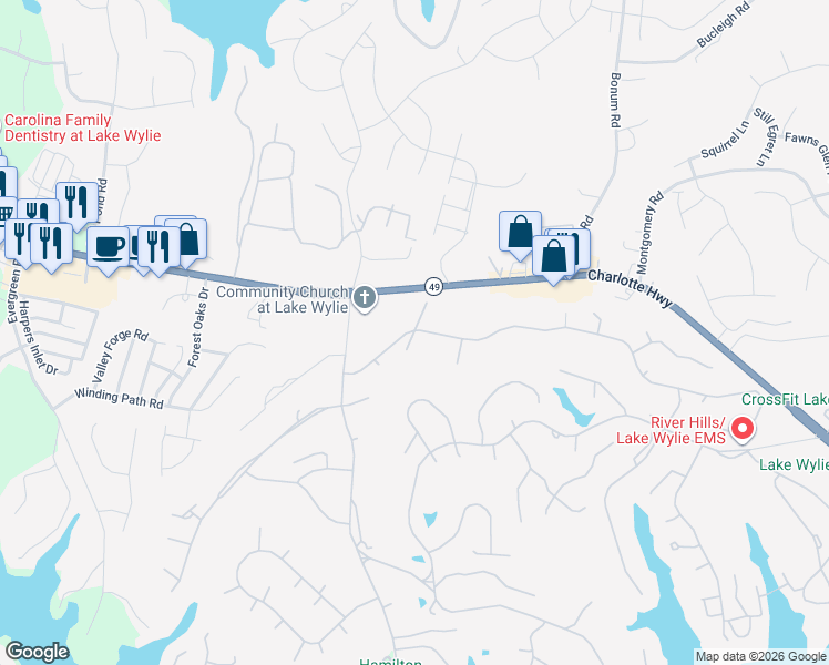 map of restaurants, bars, coffee shops, grocery stores, and more near 61 Honeysuckle Lane in Lake Wylie