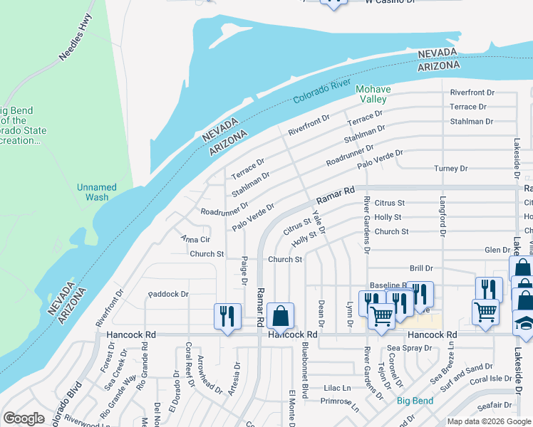 map of restaurants, bars, coffee shops, grocery stores, and more near 544 Palo Verde Drive in Bullhead City