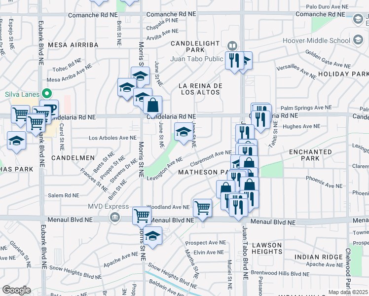 map of restaurants, bars, coffee shops, grocery stores, and more near 10809 Lexington Avenue Northeast in Albuquerque