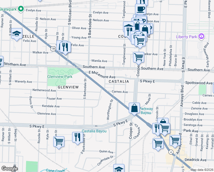 map of restaurants, bars, coffee shops, grocery stores, and more near 2012 Carnes Avenue in Memphis