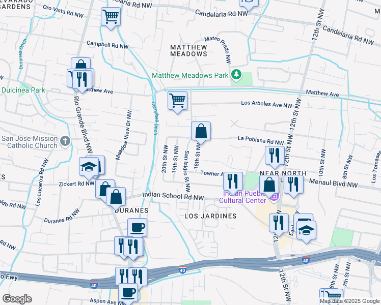 map of restaurants, bars, coffee shops, grocery stores, and more near 2717 San Isidro Drive Northwest in Albuquerque