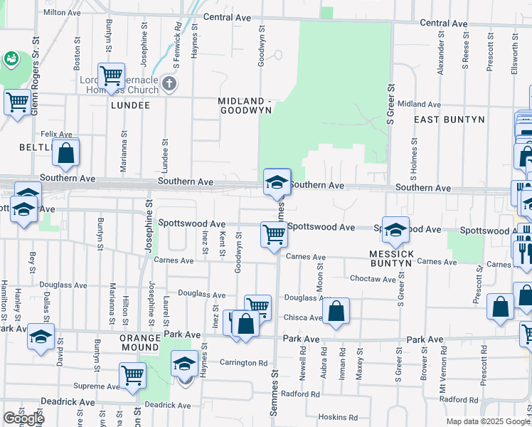 map of restaurants, bars, coffee shops, grocery stores, and more near 2994 Spottswood Avenue in Memphis