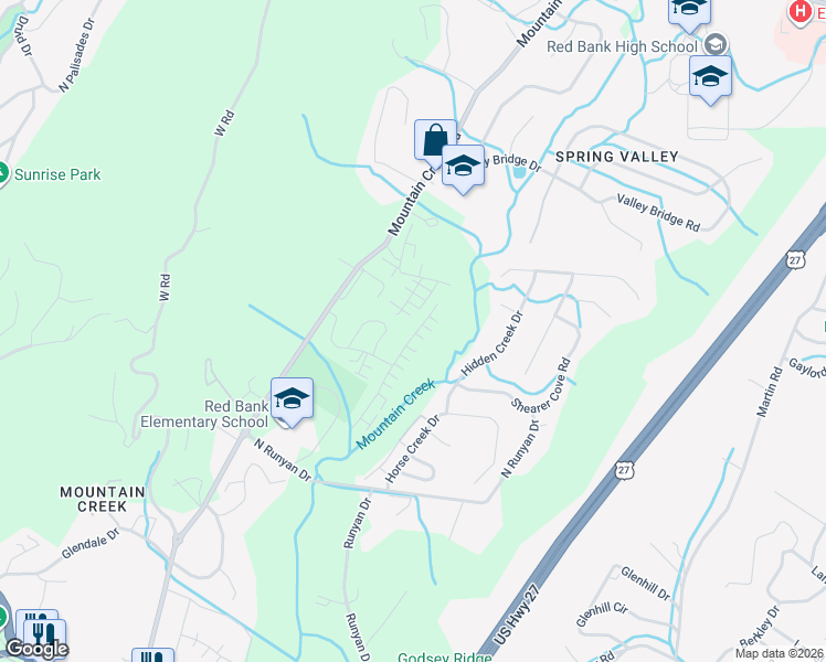 map of restaurants, bars, coffee shops, grocery stores, and more near 3327 Stone Creek dr in Chattanooga