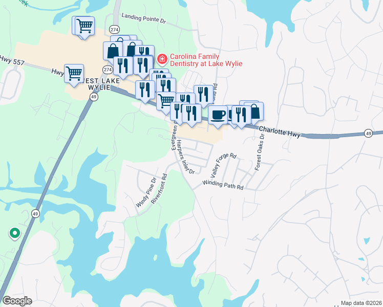 map of restaurants, bars, coffee shops, grocery stores, and more near 1460 Harpers Inlet Drive in Clover