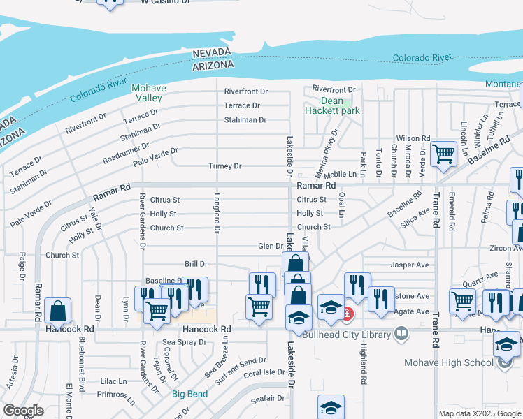 map of restaurants, bars, coffee shops, grocery stores, and more near 942 Holly Street in Bullhead City