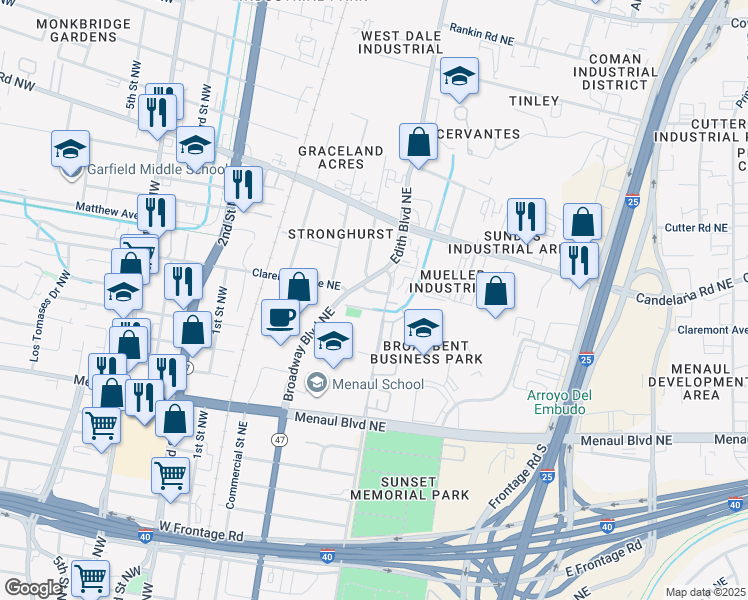 map of restaurants, bars, coffee shops, grocery stores, and more near 301 Menaul Boulevard Northeast in Albuquerque