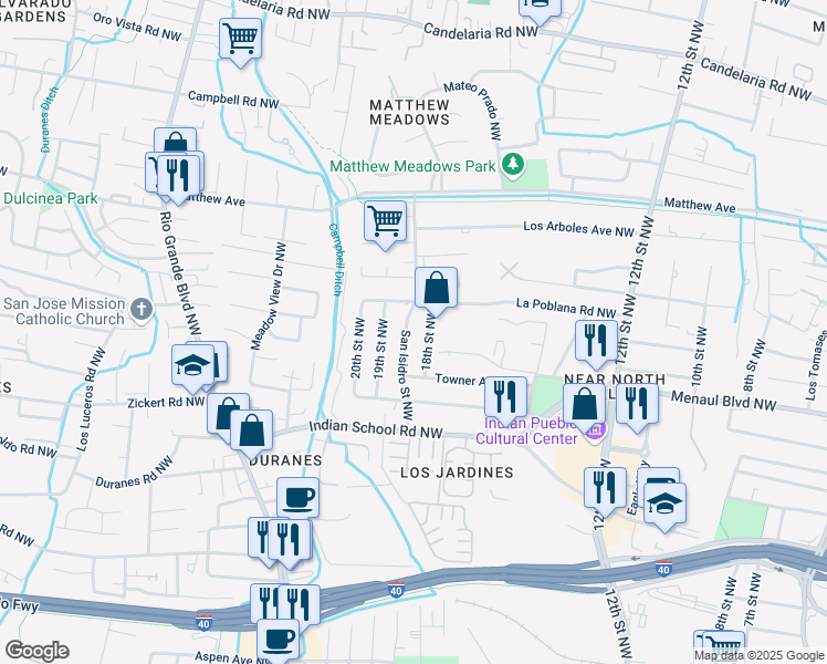 map of restaurants, bars, coffee shops, grocery stores, and more near 2717 San Isidro Drive Northwest in Albuquerque