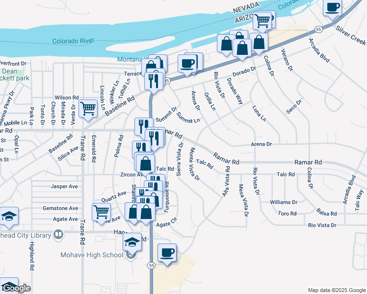 map of restaurants, bars, coffee shops, grocery stores, and more near 1558 Sierra Vista Drive in Bullhead City