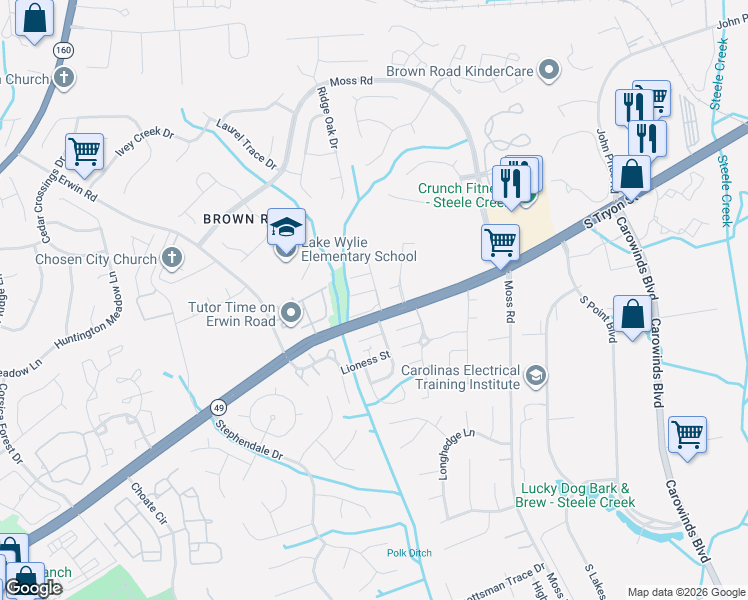 map of restaurants, bars, coffee shops, grocery stores, and more near 11536 Shaded Court in Charlotte