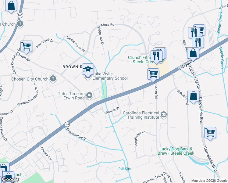 map of restaurants, bars, coffee shops, grocery stores, and more near 11536 Shaded Court in Charlotte