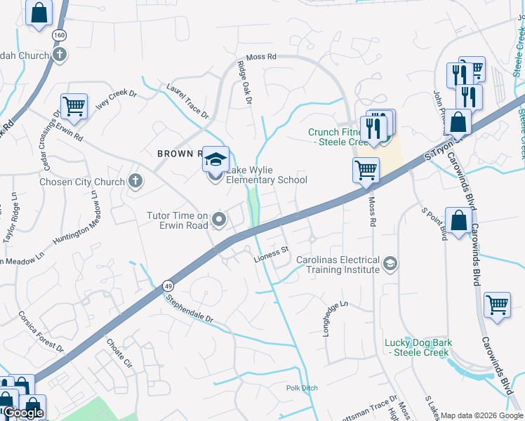 map of restaurants, bars, coffee shops, grocery stores, and more near 11532 Shaded Court in Charlotte