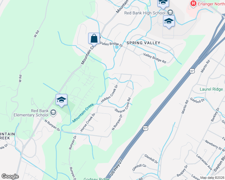 map of restaurants, bars, coffee shops, grocery stores, and more near 1149 Hidden Creek Drive in Chattanooga