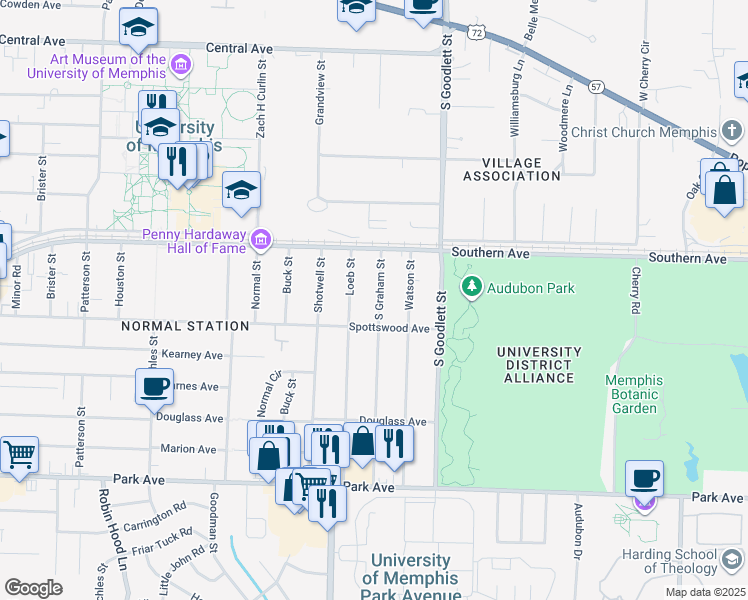 map of restaurants, bars, coffee shops, grocery stores, and more near 648 Loeb Street in Memphis