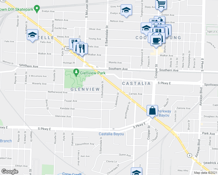 map of restaurants, bars, coffee shops, grocery stores, and more near 1916 Netherwood Avenue in Memphis