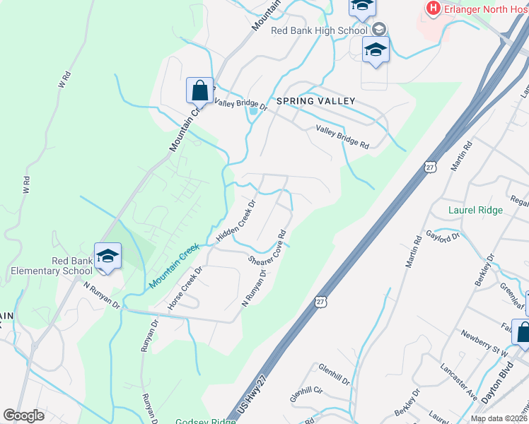 map of restaurants, bars, coffee shops, grocery stores, and more near 1135 Saddlebrook Drive in Chattanooga