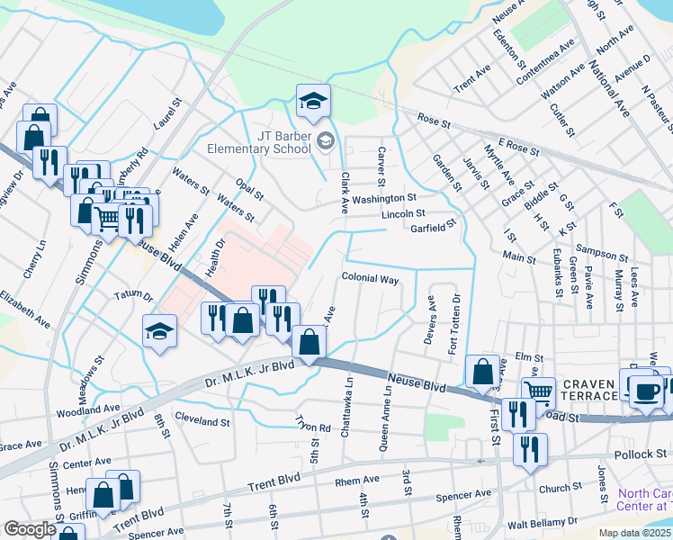 map of restaurants, bars, coffee shops, grocery stores, and more near 1800 Colonial Way in New Bern