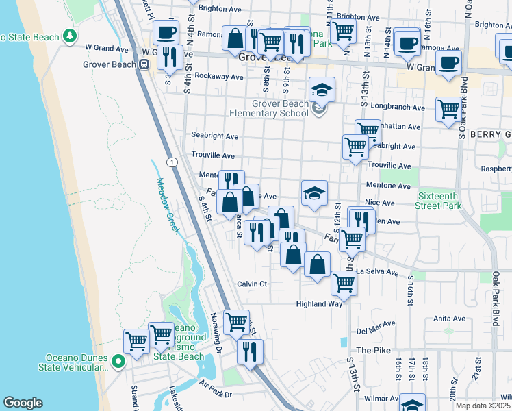 map of restaurants, bars, coffee shops, grocery stores, and more near 783 Farroll Road in Grover Beach