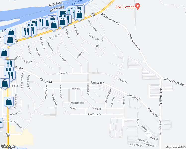 map of restaurants, bars, coffee shops, grocery stores, and more near 1784 Arena Drive in Bullhead City