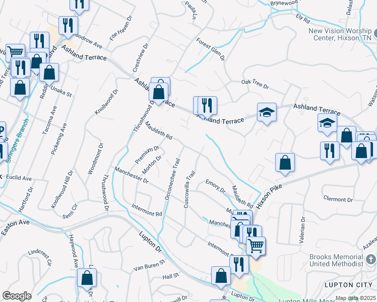 map of restaurants, bars, coffee shops, grocery stores, and more near 610 Mauldeth Road in Chattanooga