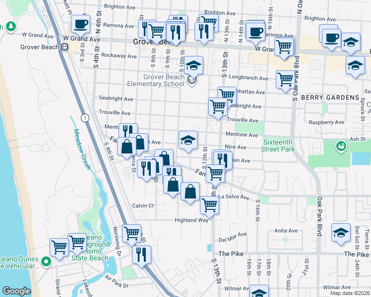 map of restaurants, bars, coffee shops, grocery stores, and more near in Grover Beach