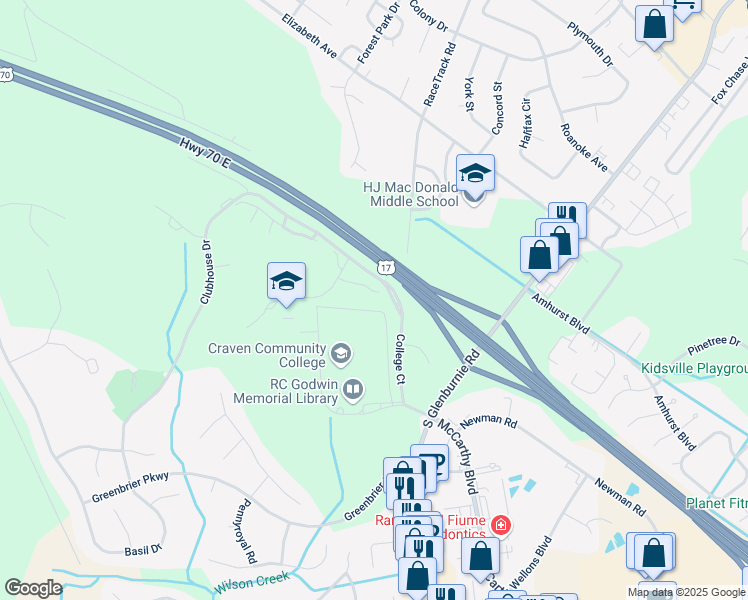 map of restaurants, bars, coffee shops, grocery stores, and more near 118 Innisbrook Court in New Bern