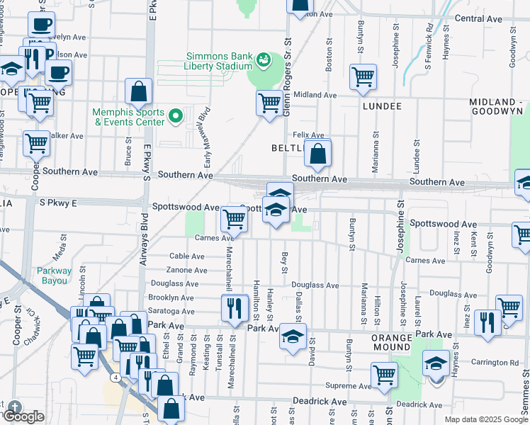 map of restaurants, bars, coffee shops, grocery stores, and more near 685 Hanley Street in Memphis