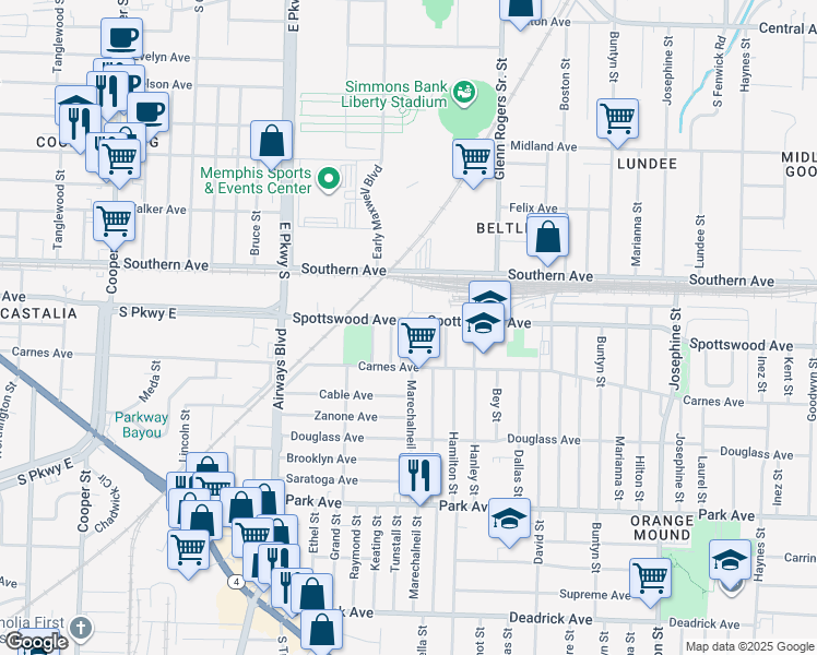 map of restaurants, bars, coffee shops, grocery stores, and more near 692 Marechalneil Street in Memphis