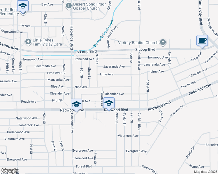 map of restaurants, bars, coffee shops, grocery stores, and more near 9736 Nipa Avenue in California City