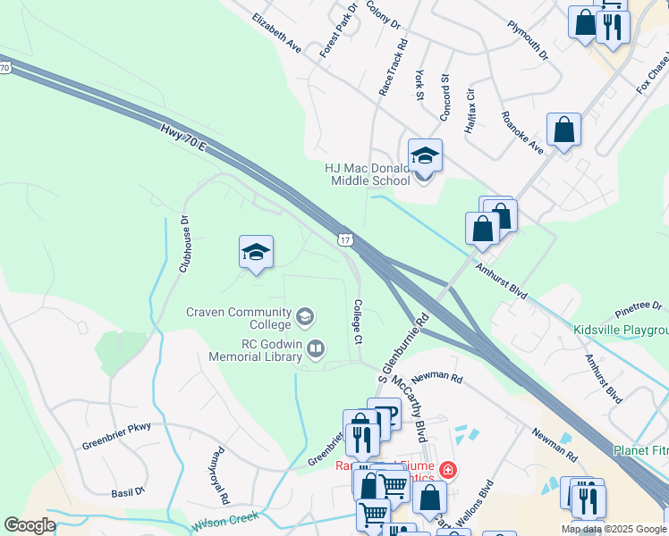 map of restaurants, bars, coffee shops, grocery stores, and more near 118 Innisbrook Court in New Bern