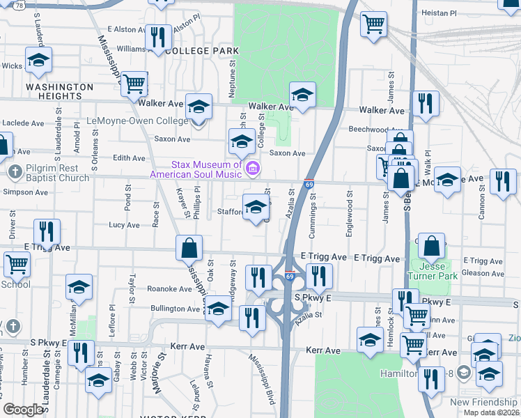 map of restaurants, bars, coffee shops, grocery stores, and more near 917 Stafford Avenue in Memphis