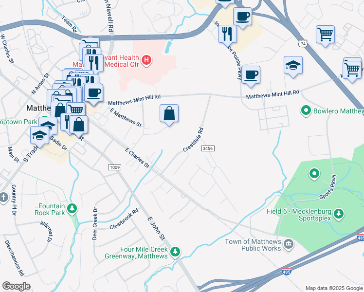 map of restaurants, bars, coffee shops, grocery stores, and more near 489 Crestdale Road in Matthews