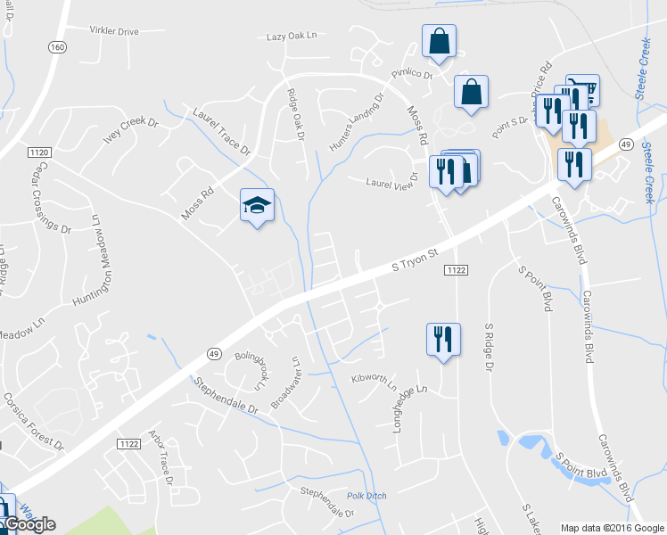 map of restaurants, bars, coffee shops, grocery stores, and more near 11536 Shaded Court in Charlotte