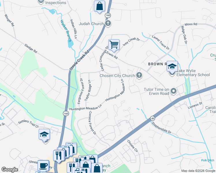 map of restaurants, bars, coffee shops, grocery stores, and more near 10704 Camden Meadow Drive in Charlotte