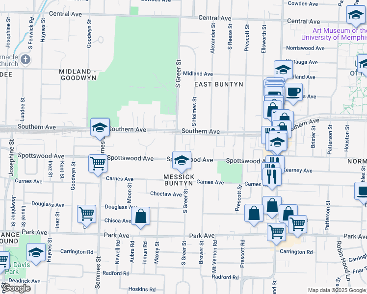 map of restaurants, bars, coffee shops, grocery stores, and more near 3266 Spottswood Avenue in Memphis