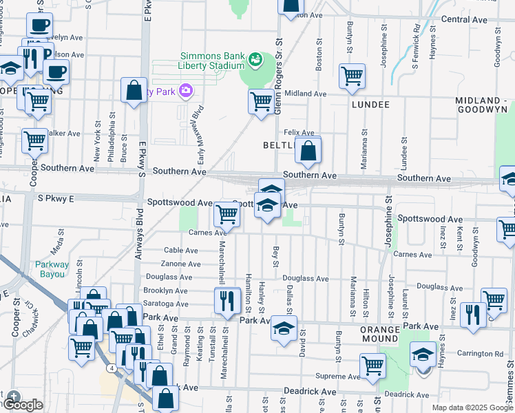map of restaurants, bars, coffee shops, grocery stores, and more near 685 Hanley Street in Memphis