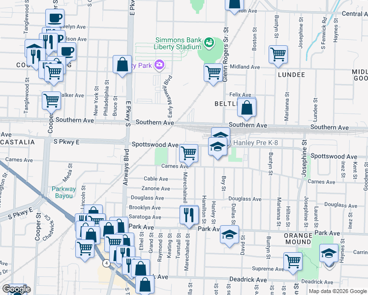 map of restaurants, bars, coffee shops, grocery stores, and more near 692 Marechalneil Street in Memphis